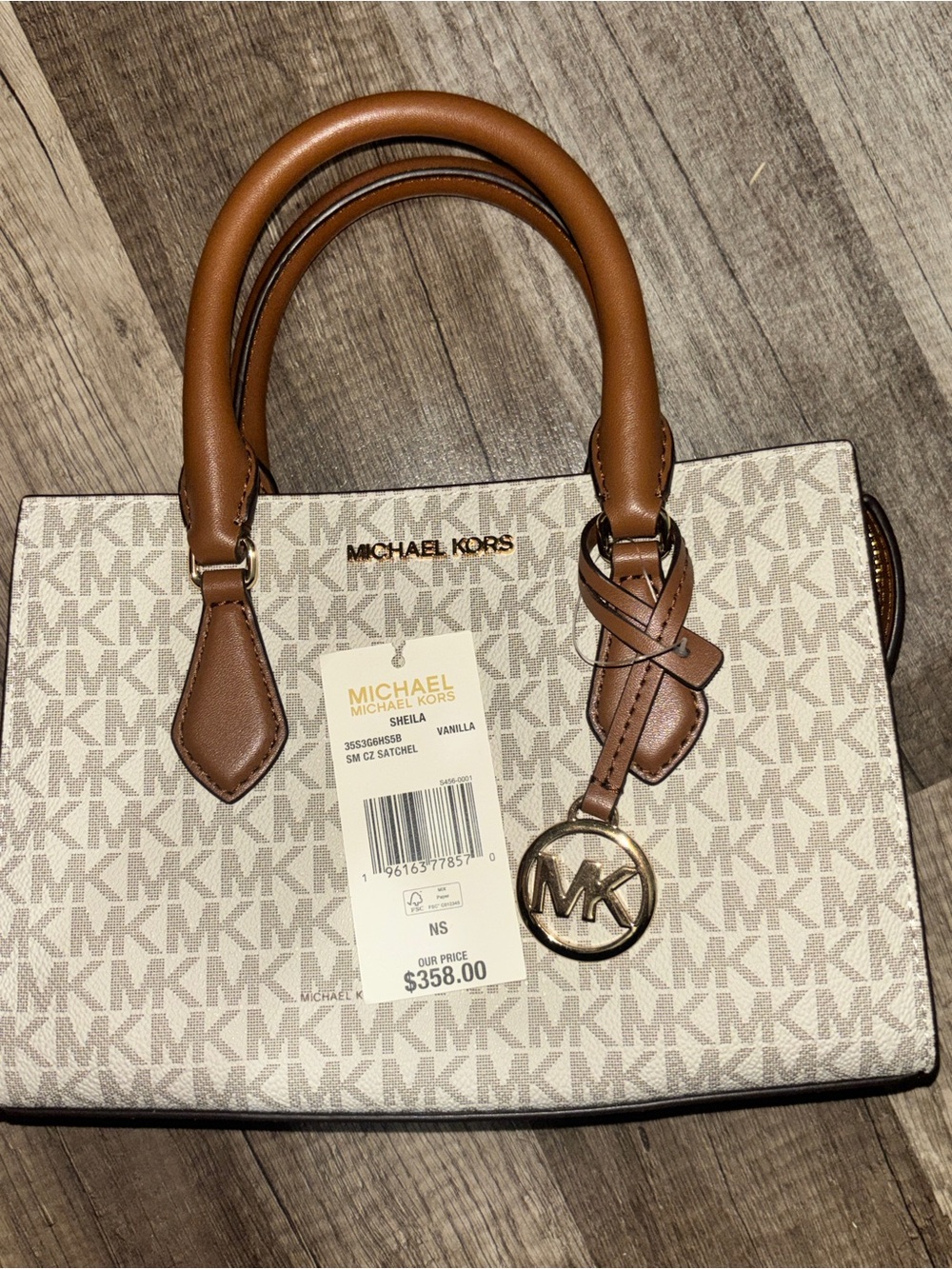 Michael Kors Vanilla & Brown Logo Satchel with Gold MK Charm